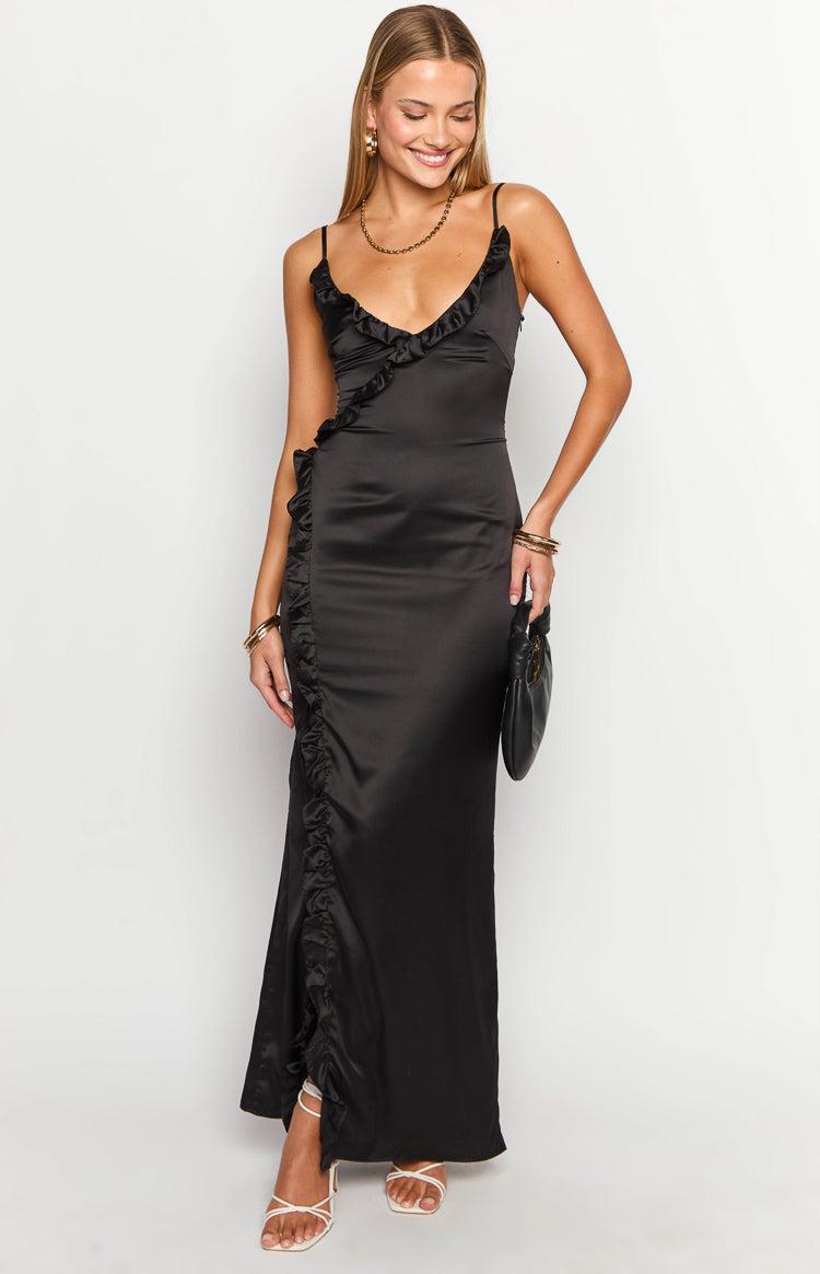 Nahanee Black Satin Ruffle Maxi Dress Product Image