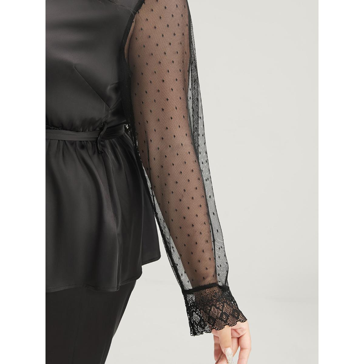 Plus Size Solid Mesh Lace Wrap Belted Pajama Set Women Black Plain Cross straps Long Sleeve V-neck Elegant Loungewear Sets BloomChic 26/4X Product Image