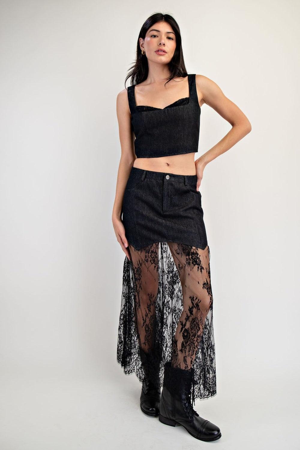 Lace Contrast Denim Maxi Skirt Product Image
