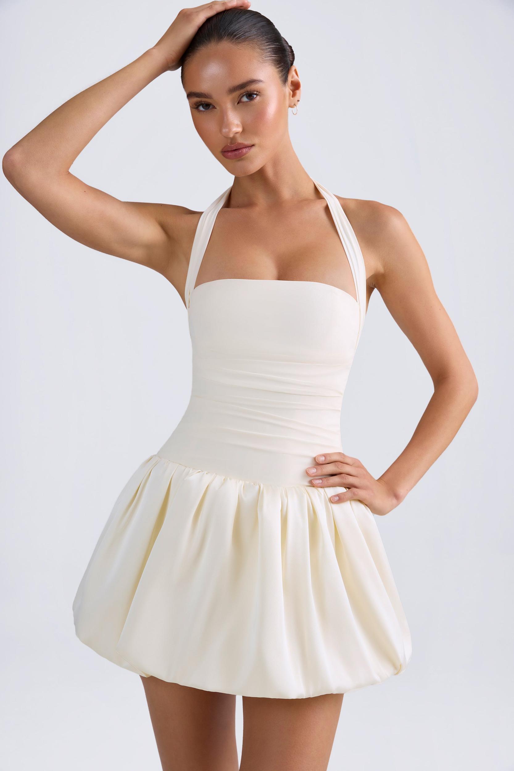 Halterneck Lace-Up Bubble Hem Corset Micro Mini Dress in Ivory Product Image