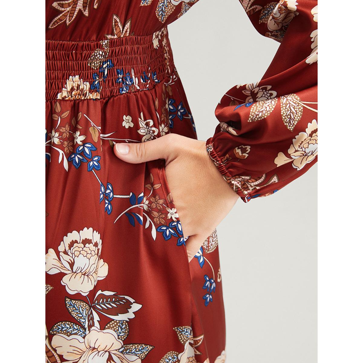 Plus Size Floral Pocket Lantern Sleeve Split Ruffle Shirred Wrap Dress Red Women Elegant Pocket V-neck Long Sleeve Curvy Long Dress BloomChic 14-16/1X Product Image