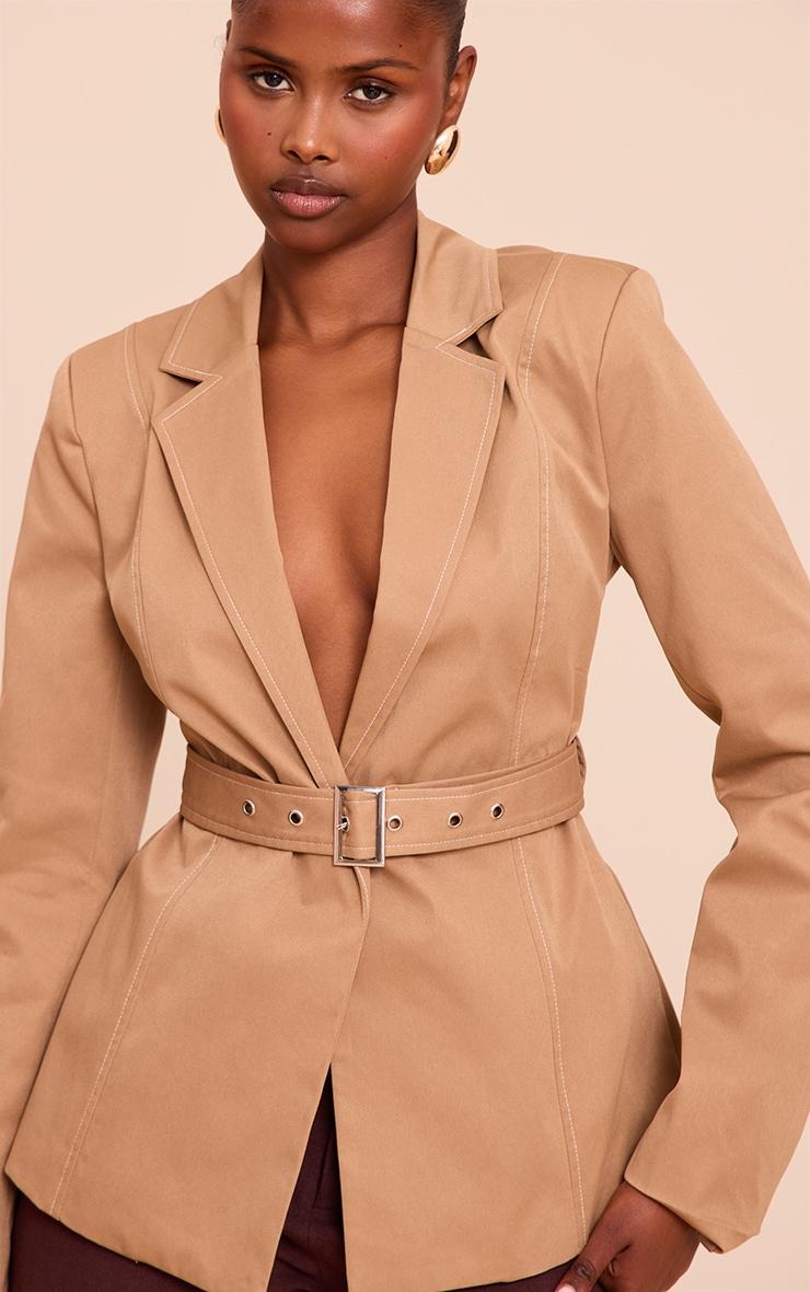 Beige Tie Waist Contrast Stitch Blazer Product Image
