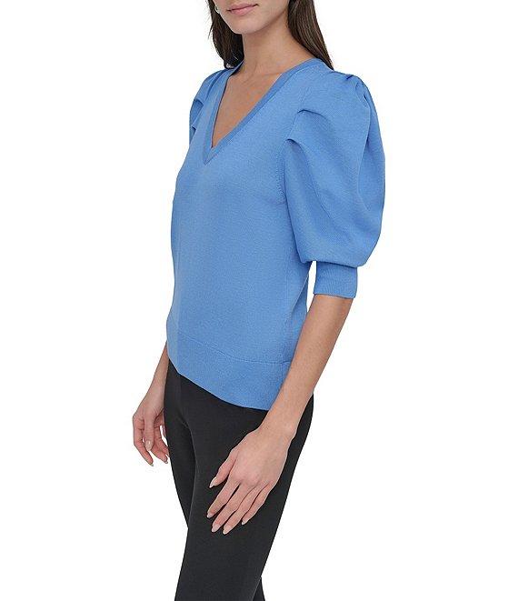 DKNY by Donna Karan Short Pleated Puffed Elbow Sleeve V-Neck Knit Top Product Image