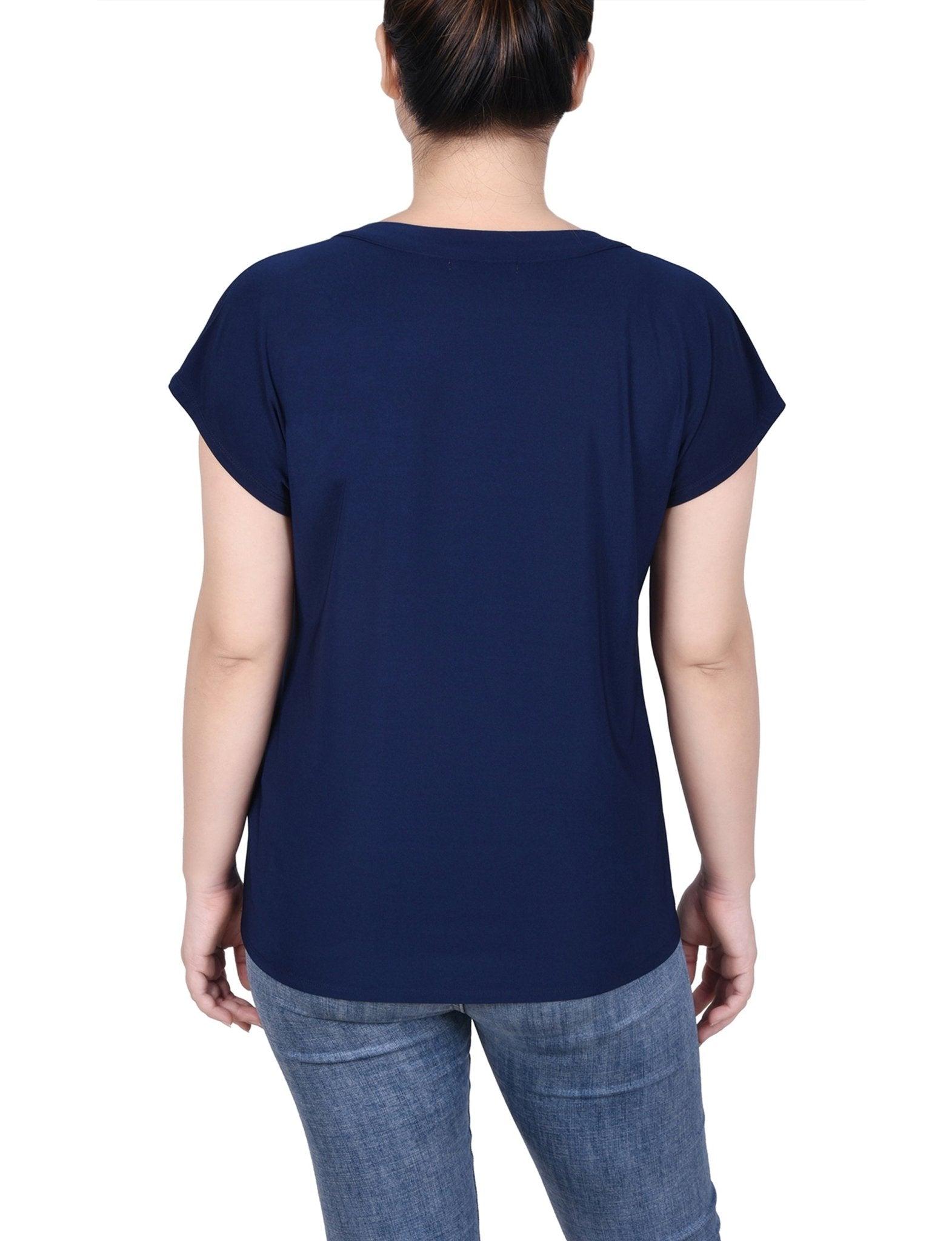 Navy Short Extended-Sleeve Grommet Neck Knit Top - Petite Product Image
