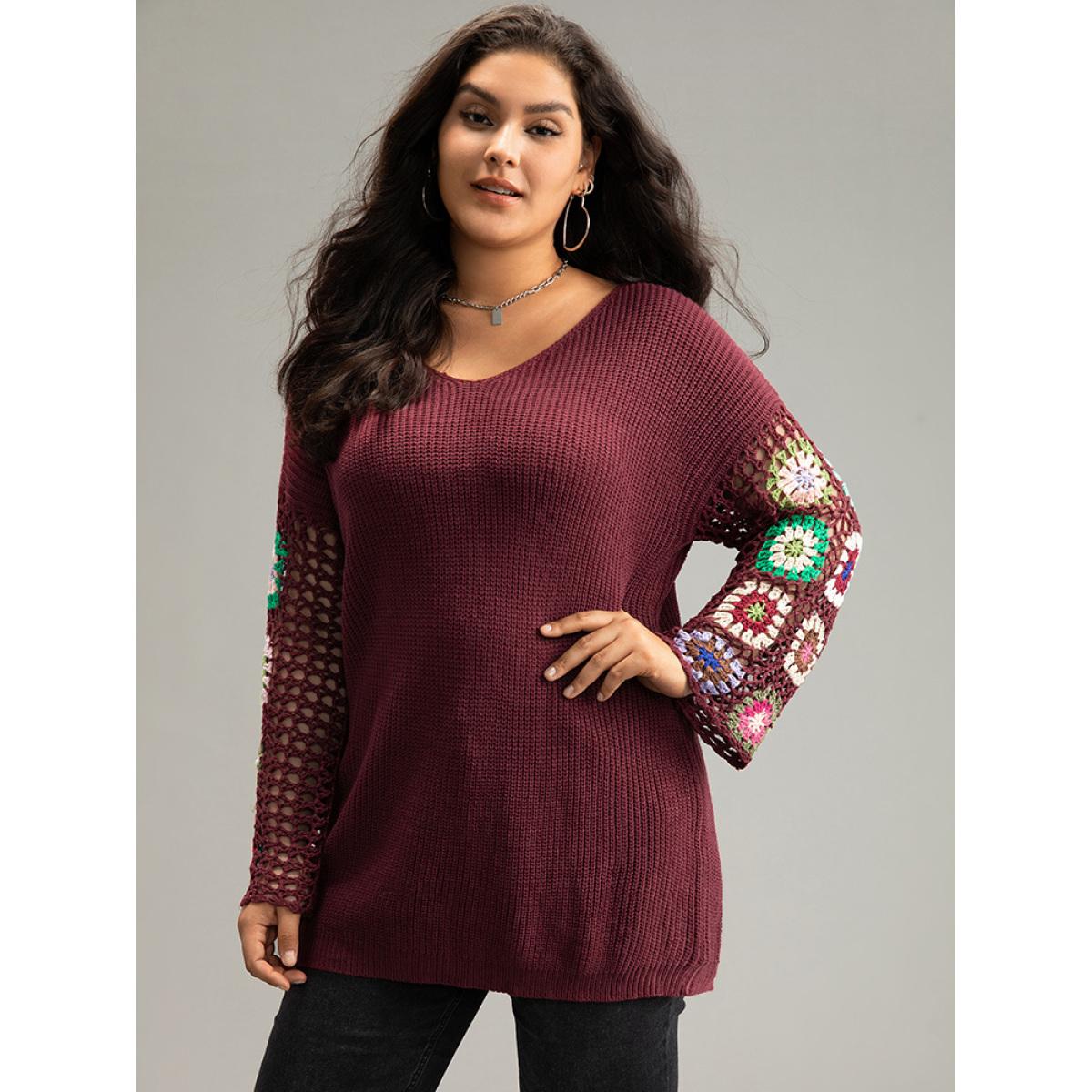 Plus Size Floral Embroidered Hollow Out Pullover Burgundy Women Casual Long Sleeve V-neck Everyday Pullovers BloomChic 26/4X Product Image