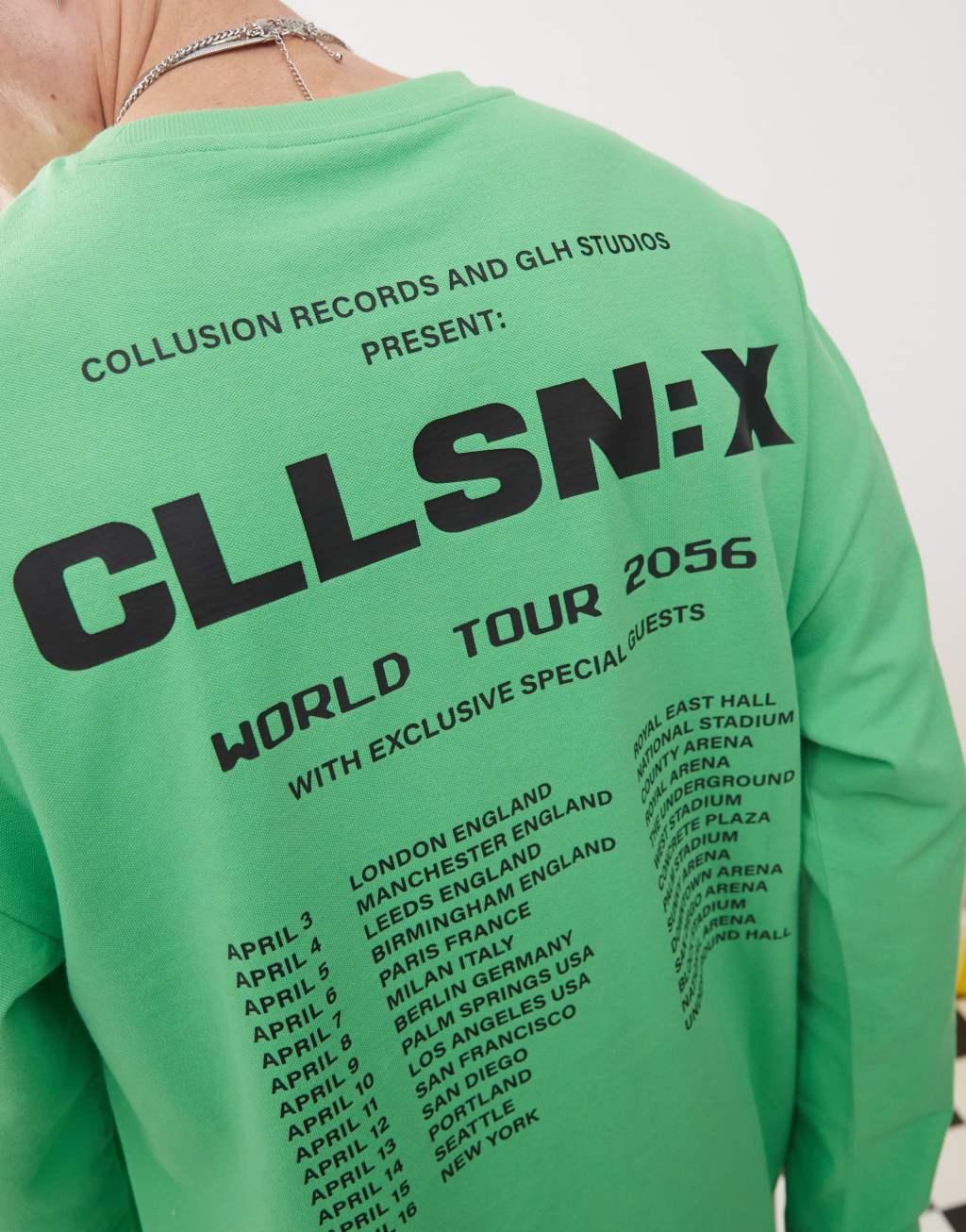COLLUSION long sleeve logo tour graphic t-shirt in green Product Image