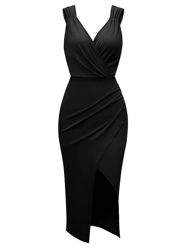 Bodycon Sleeveless Pleated Solid Color Split-front Zipper V-neck Midi Dresses Product Image