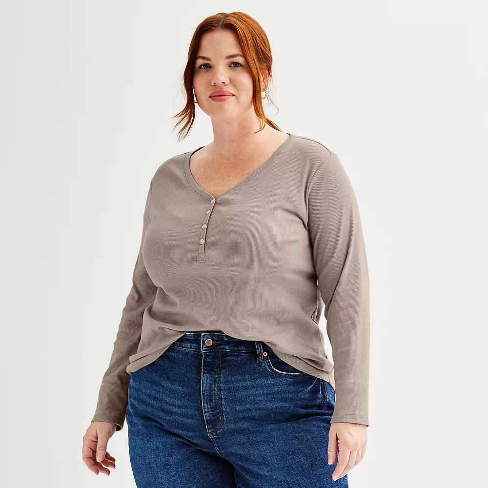 Plus Size Sonoma Goods For Life® Ribbed Long Sleeve Henley, Women's, Size: 0X, Peanut White Product Image