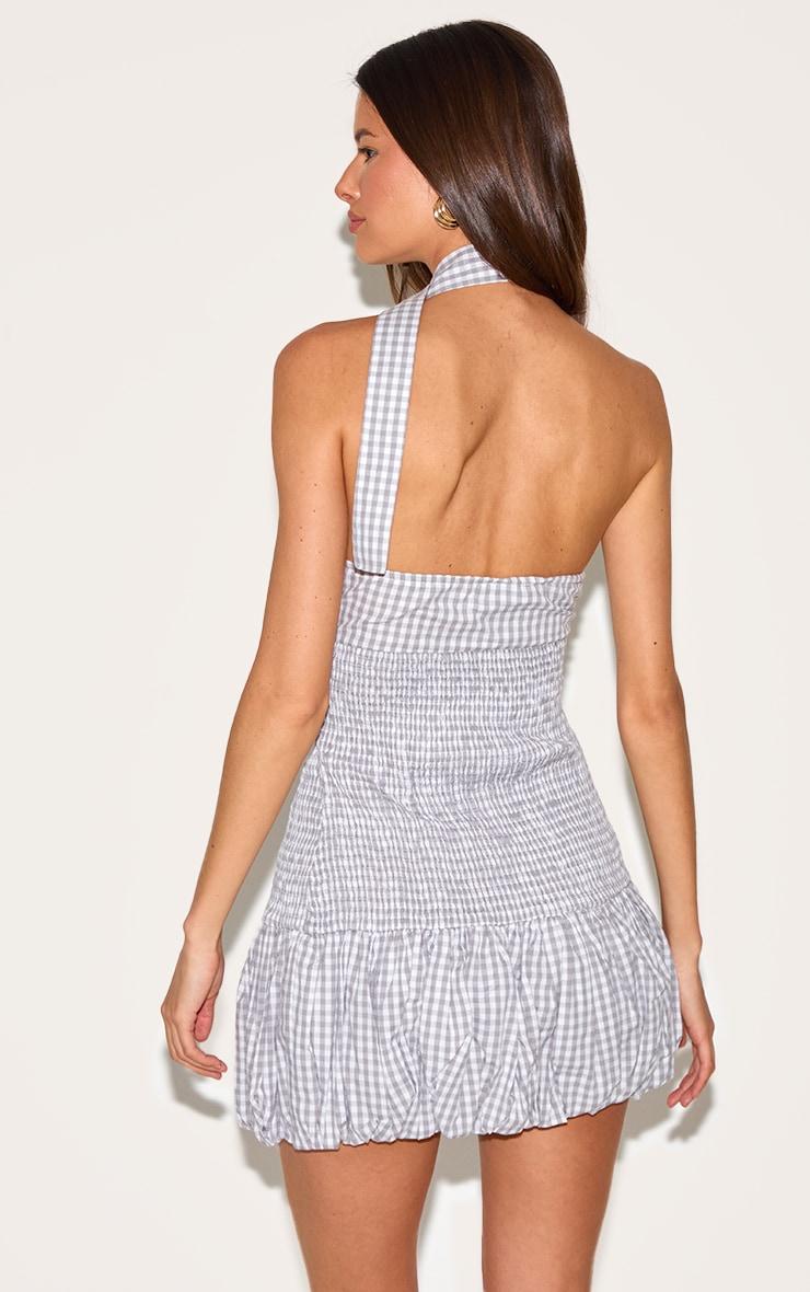 Grey Gingham Shirred Puffball Mini Dress Product Image