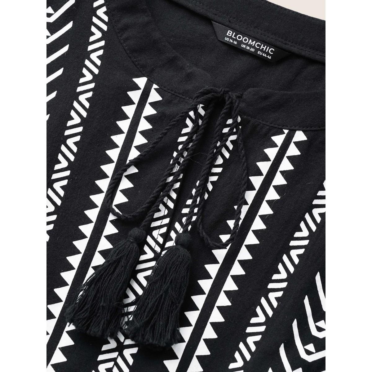 Plus Size Cotton Geometric Bandana Print Tassel Trim Dress Black Women Boho Non V-neck Short sleeve Curvy Knee Dress BloomChic 22-24/3X Product Image