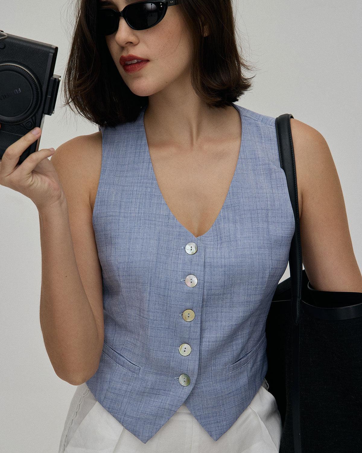 The Blue V-Neck Button Vest Product Image