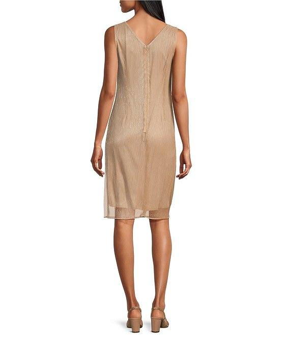 Le Bos Metallic Fortuny Round Neck 3/4 Sleeves Pearl Rhinestone Peplum 2-Piece Jacket Dress Product Image