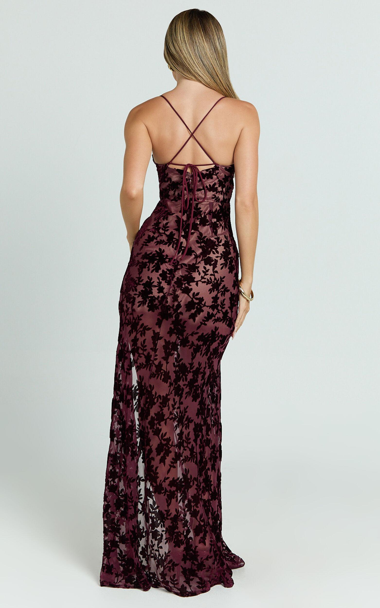 Violeta Maxi Dress - Corset Front Burnout Dress in Wine Product Image