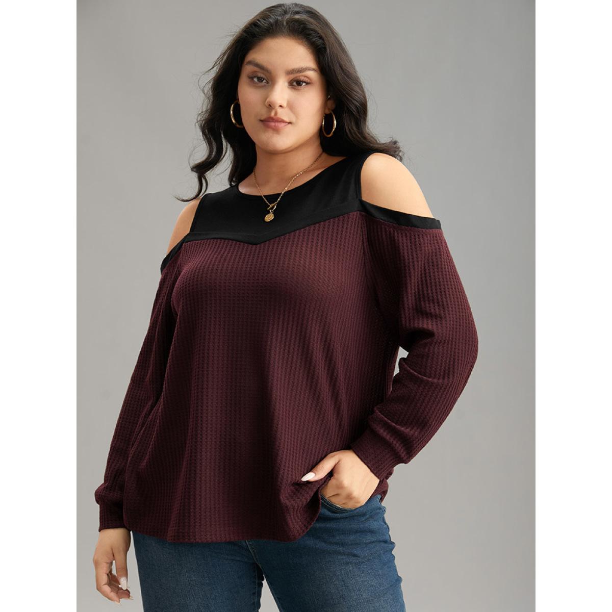 Plus Size Cold Shoulder Patchwork Contrast Waffle Knit T-shirt Burgundy Women Casual Waffle Knit Plain Cold Shoulder Dailywear T-shirts BloomChic 10/M Product Image