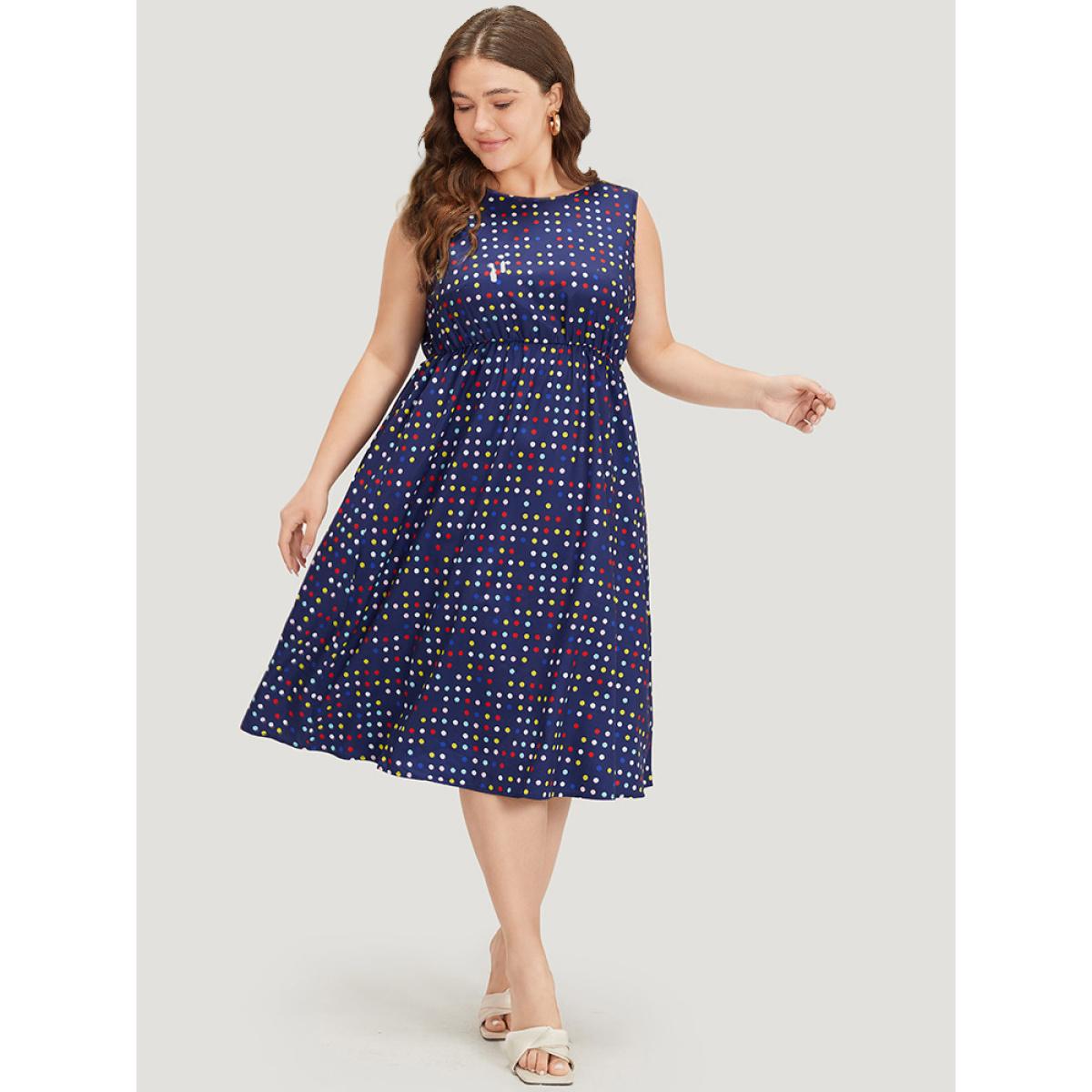Plus Size Polka Dot Ruffle Hem Round Neck Pocket Tank Dress DarkBlue Women Elegant Elastic Waist Round Neck Sleeveless Curvy Midi Dress BloomChic 12/L Product Image