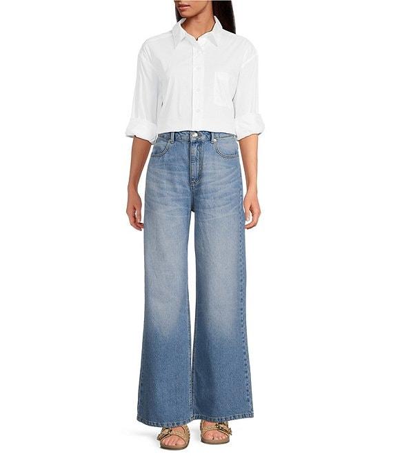 Gianni Bini Prep Cotton Blend Point Collar Long Sleeve Button Front Blouse Product Image