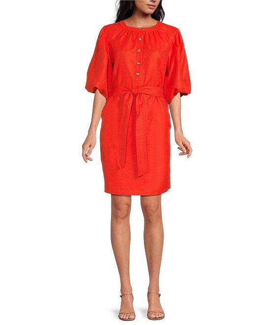 A Loves A Woven Ruched Crew Neck Short Bubble Sleeve Button Front Tie Waist Sheath Mini Dress Product Image