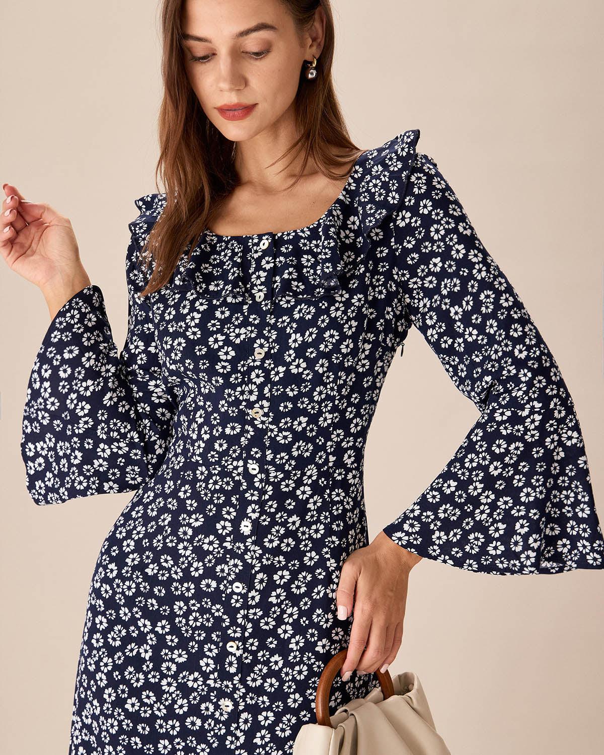 Blue Floral Ruffle Chiffon Maxi Dress Product Image