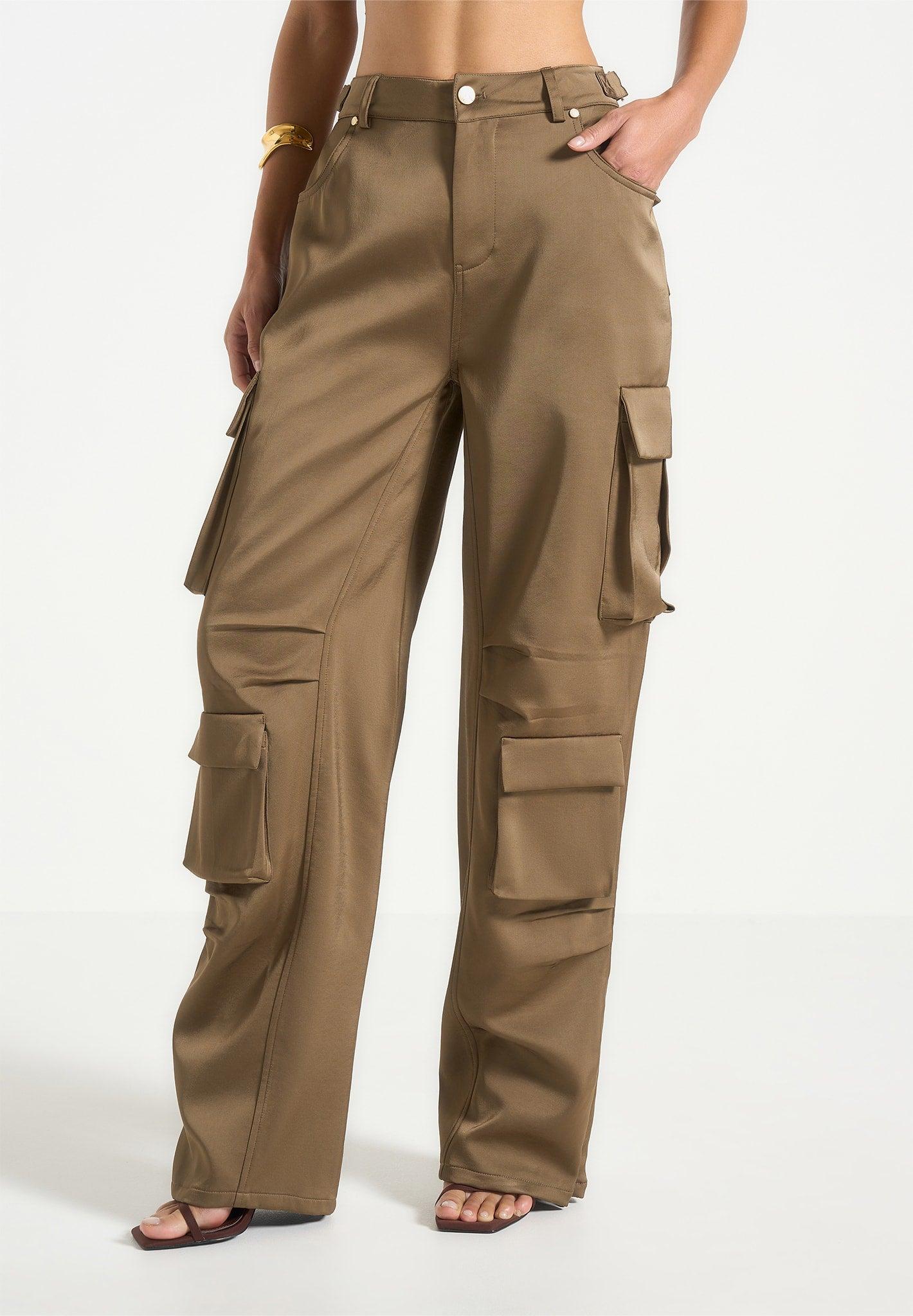 Emilie - Satin High Waisted Cargo Pants - Dark Olive Female Product Image