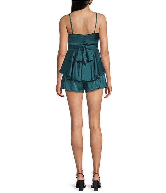 Midnight Doll Spaghetti Strap Drape Front Bodice Tiered Bottom Romper Product Image