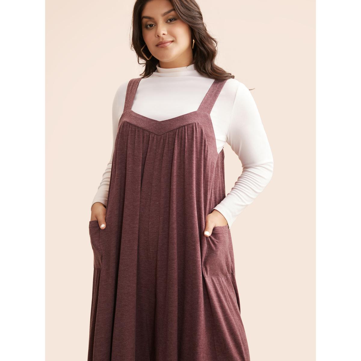 Plus Size Burgundy Heather Gathered Loose-Fit Jumpsuit Women Casual Sleeveless Heart neckline Everyday Loose Jumpsuits BloomChic 12/L Product Image