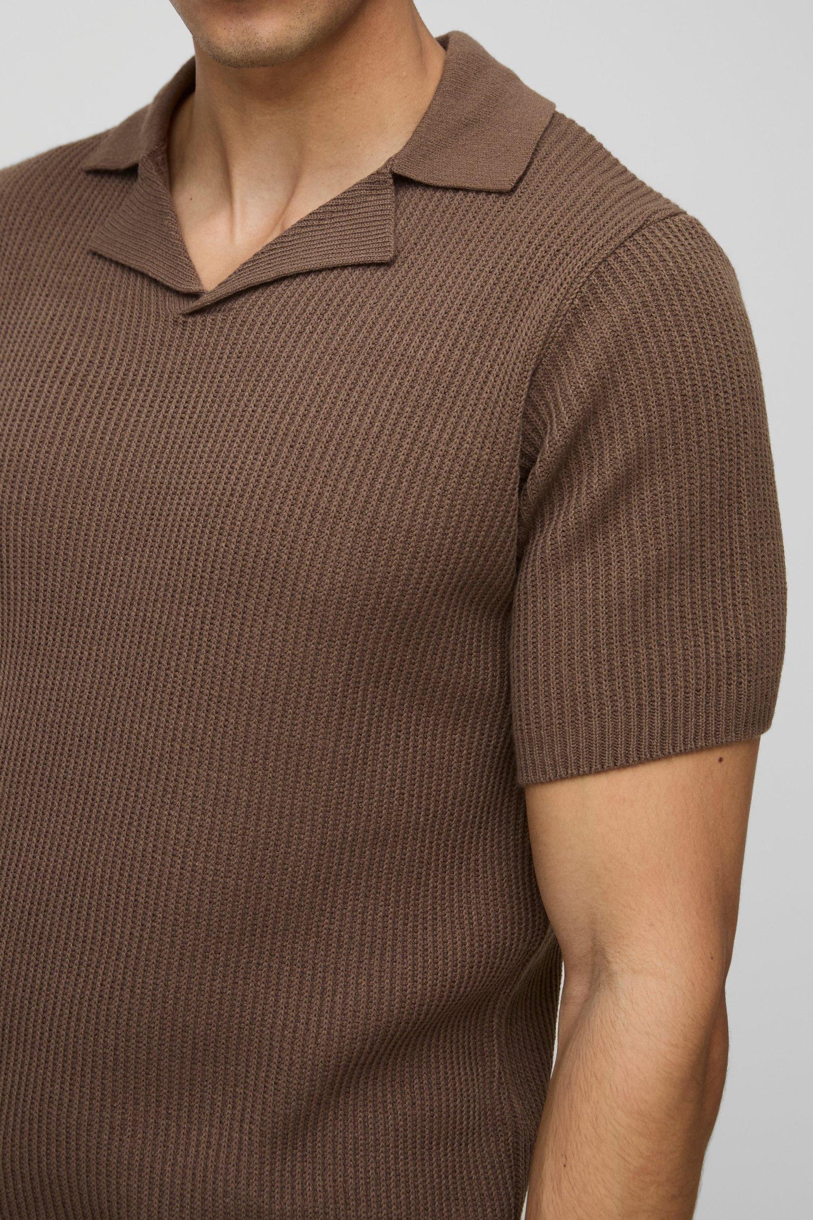 Regular Fit Ribbed Revere Knitted Polo | boohooMAN USA Product Image