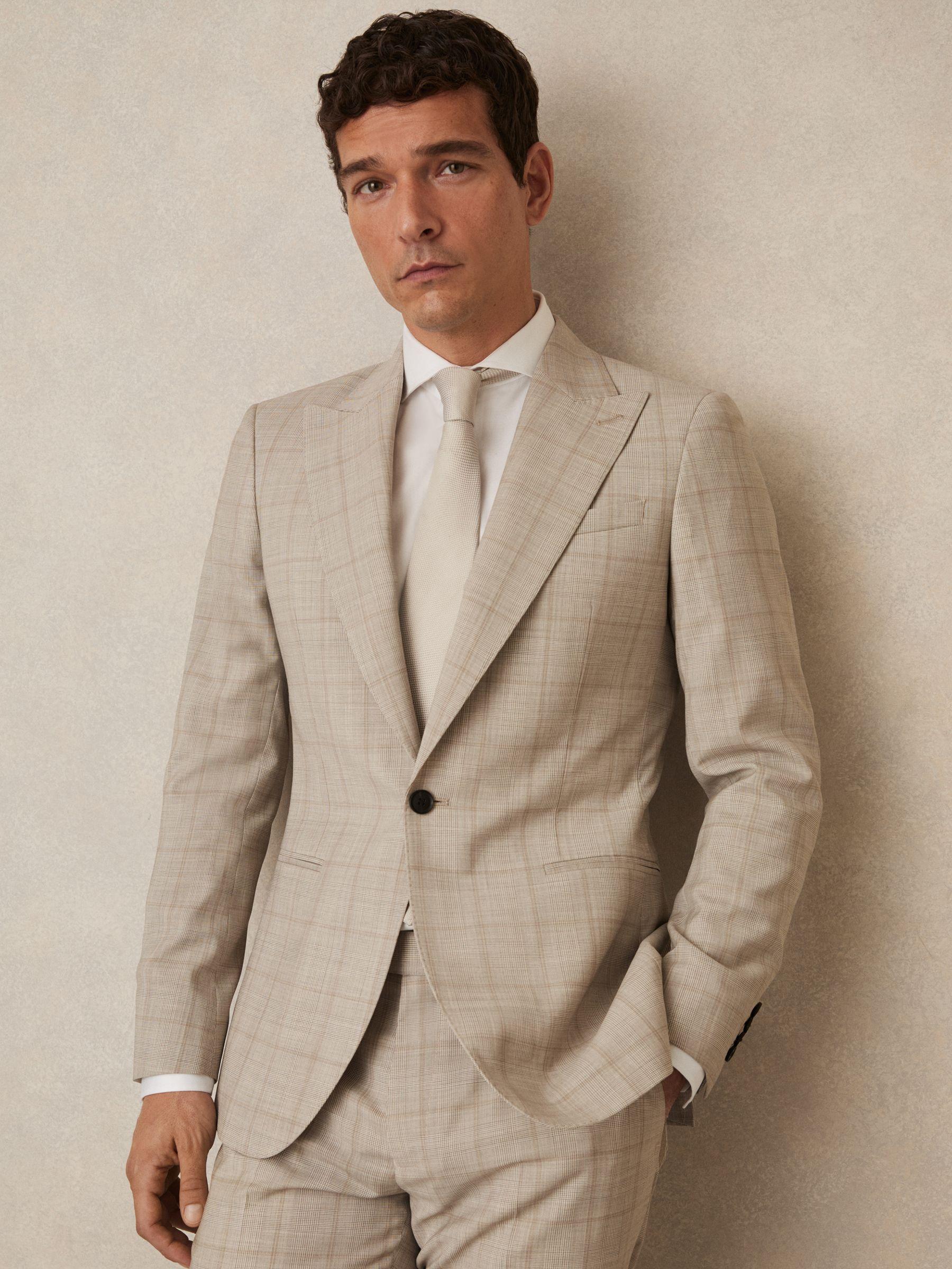 Slim-Fit Single-Breasted Wool Check Suit Blazer in Oatmeal Brown Product Image