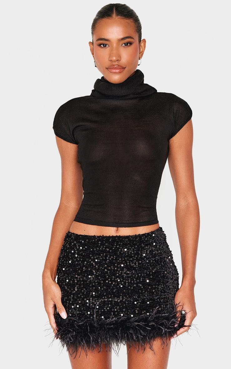 Black Premium Velvet Sequin Feather Hem Mini Skirt Product Image