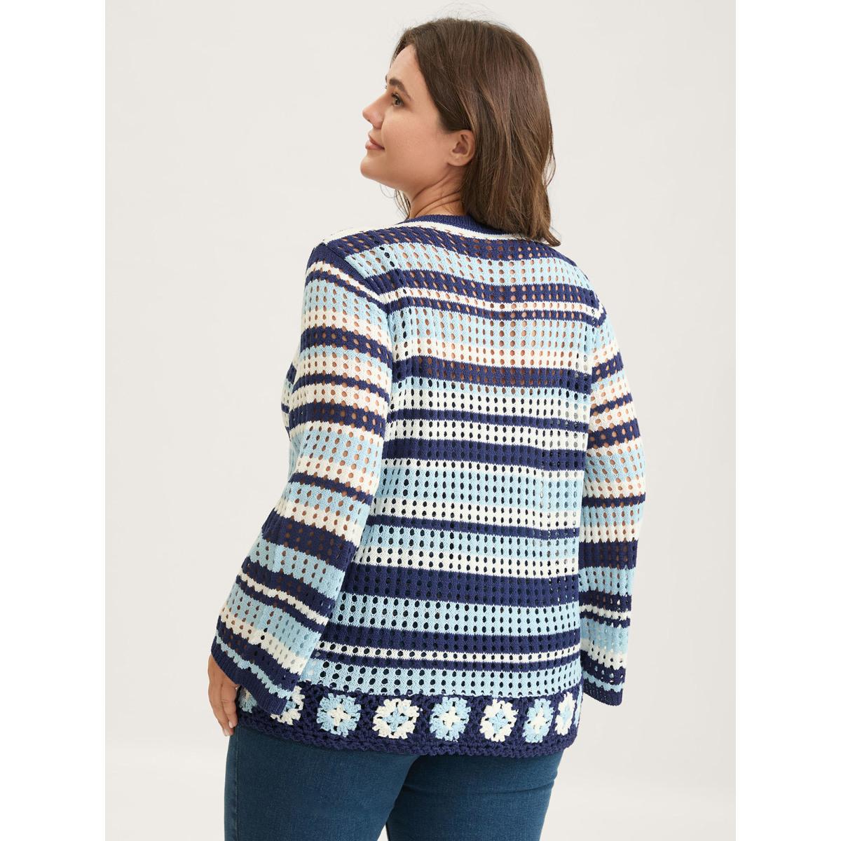 Plus Size Crochet Color Stripes Flared Sleeve Knit Cardigan Indigo Women Loose Long Sleeve Casual Cardigans BloomChic 10/M Product Image