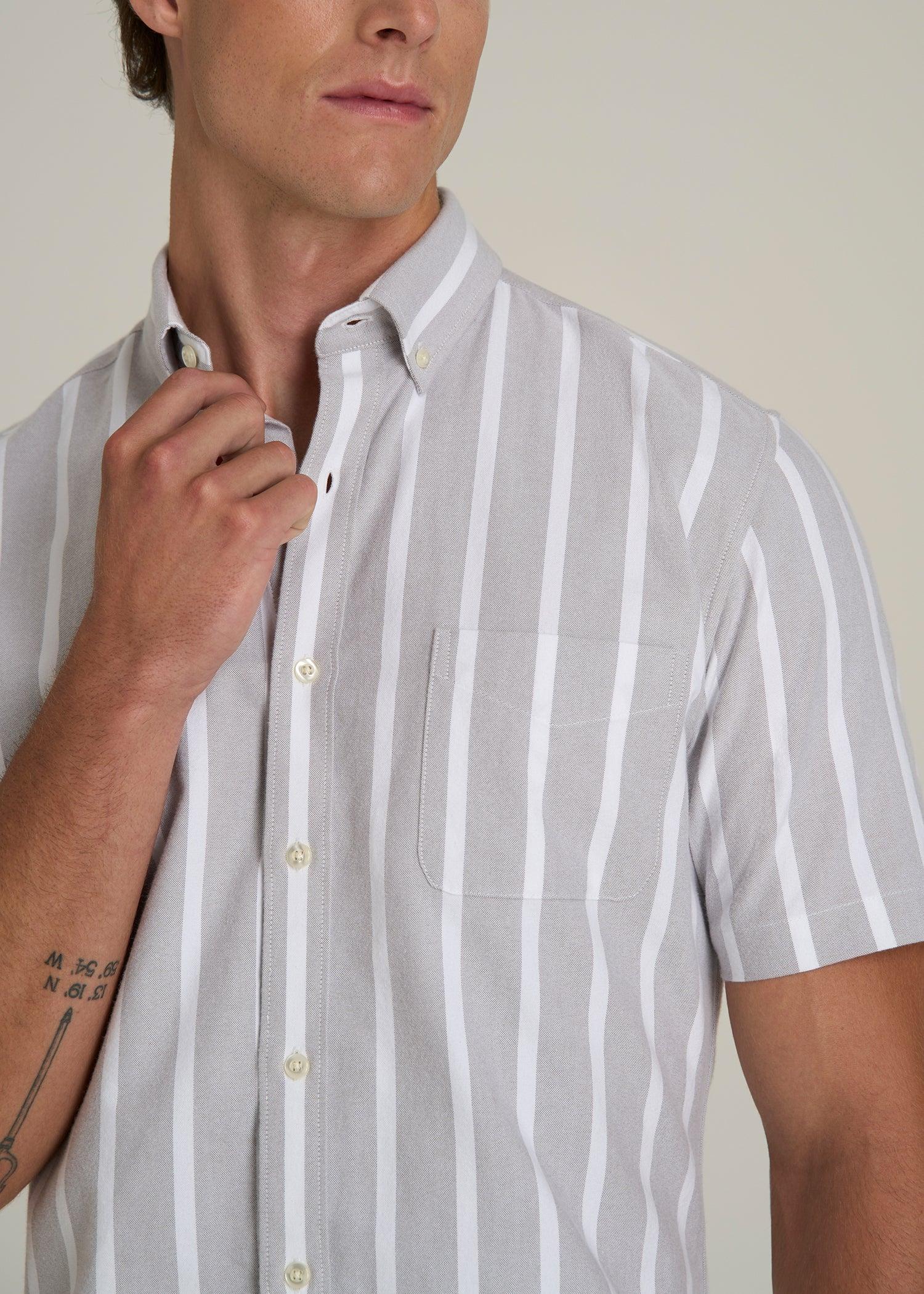 Short Sleeve Oxford Button Shirt For Tall Men in Bold Grey Stripe Male Product Image