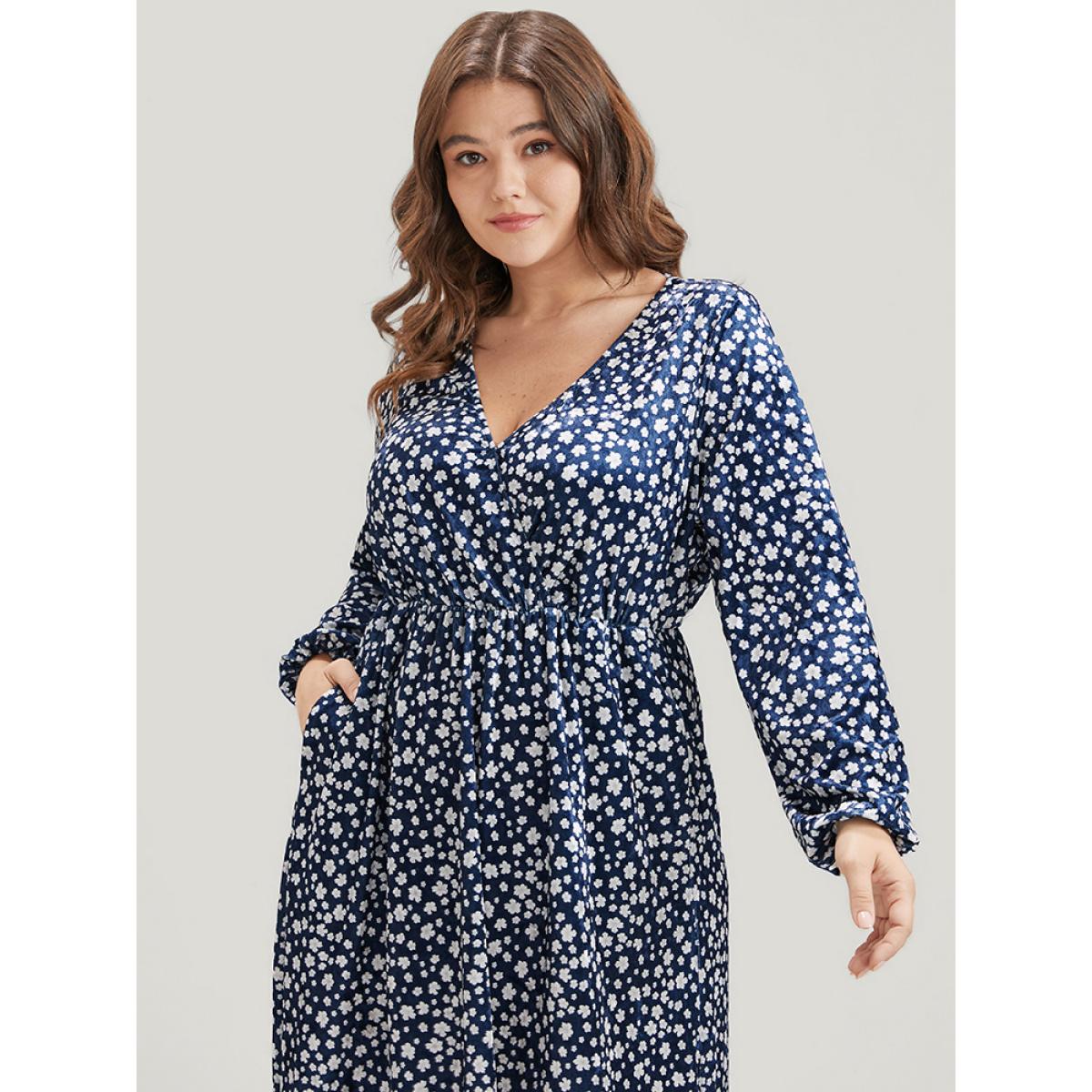 Plus Size Ditsy Floral Pocket Lantern Sleeve Wrap Velvet Dress Indigo Women Elegant Elastic Waist V-neck Long Sleeve Curvy Midi Dress BloomChic 14-16/1X Product Image