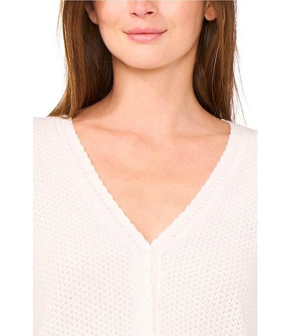 CeCe Pointelle Knit V-Neck Short Puff Sleeve Cardigan Product Image