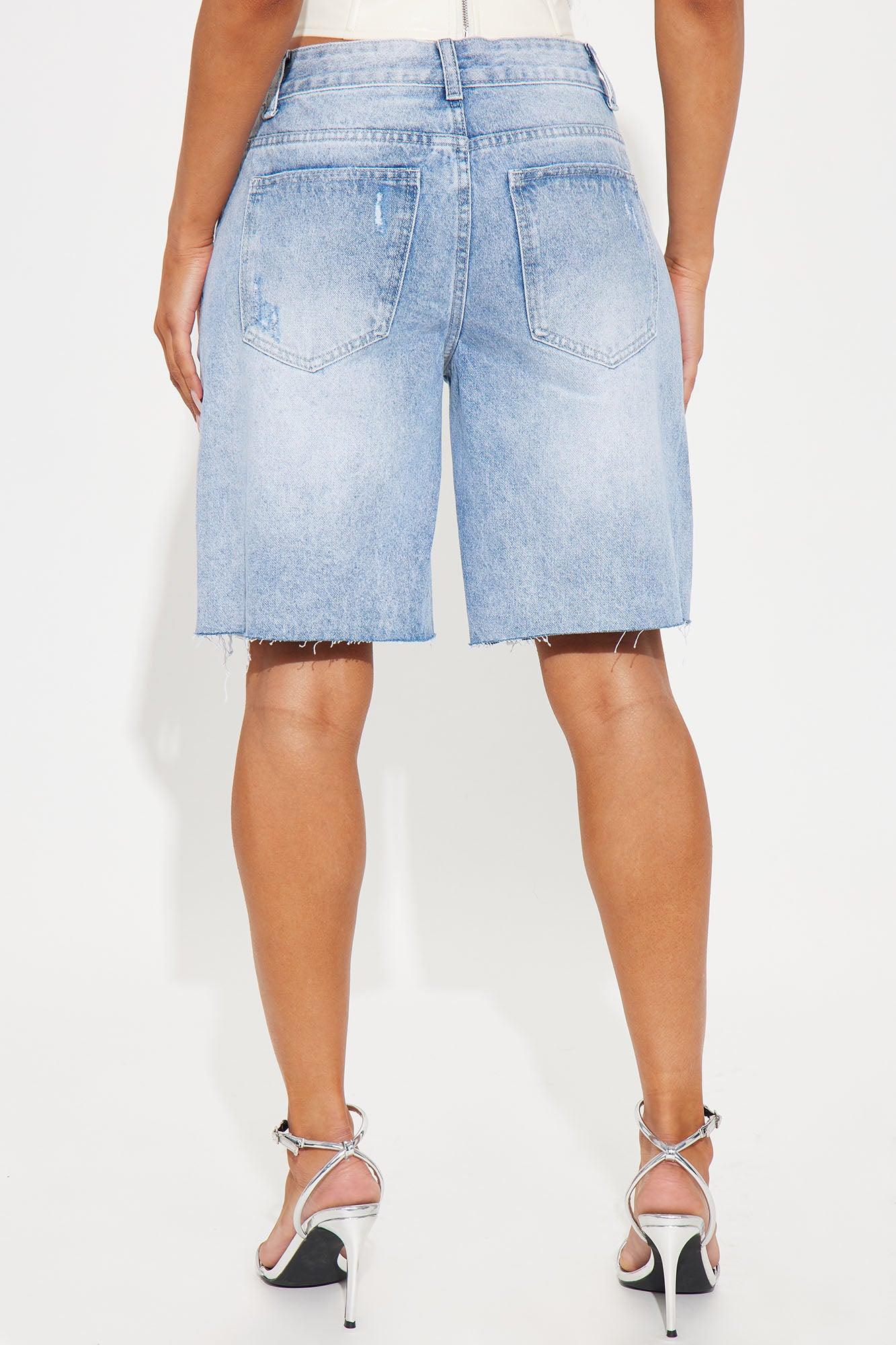 Paulina Pearl Embellished Bermuda Denim Shorts - Medium Wash Product Image