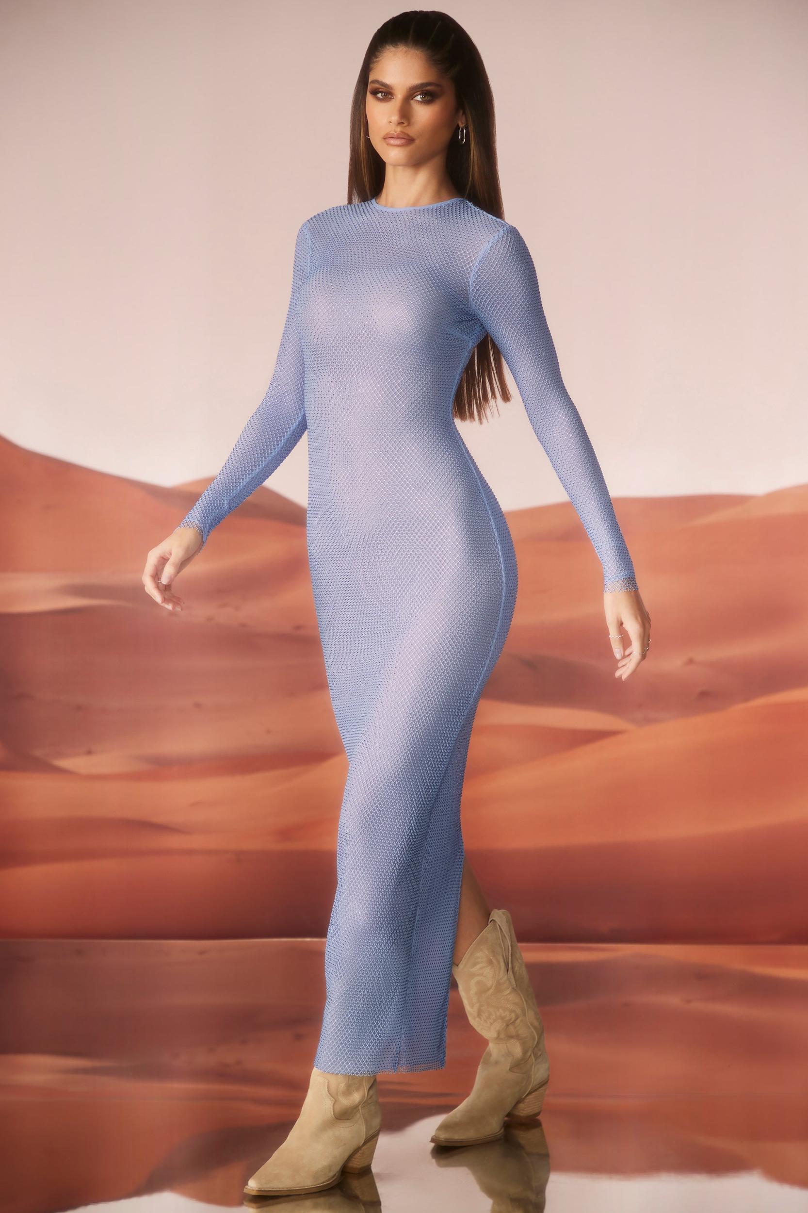 Embellished Long Sleeve Maxi Dress in Blue Product Image