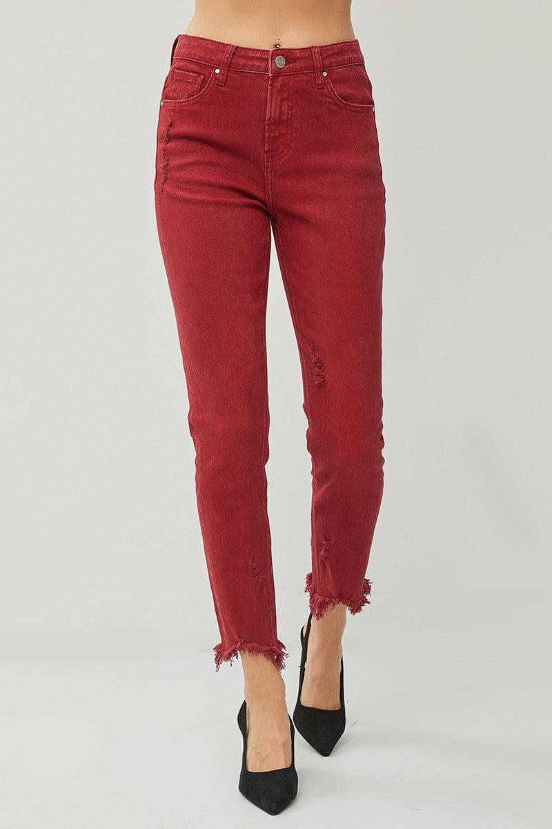 HIGH RISE FRAY HEM ANKLE SKINNY PANTS Product Image