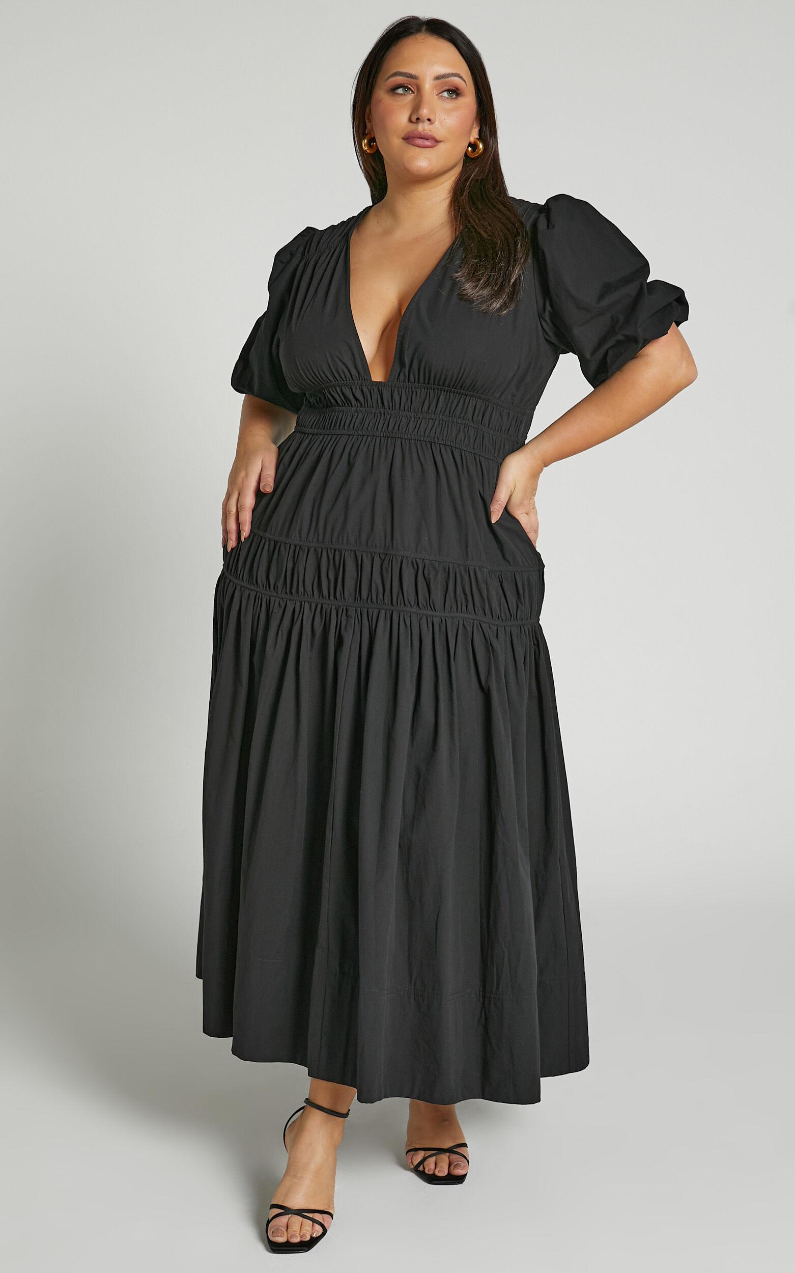 Mellie Midi Dress - Puff Sleeve Plunge Tiered Dress in Black Product Image