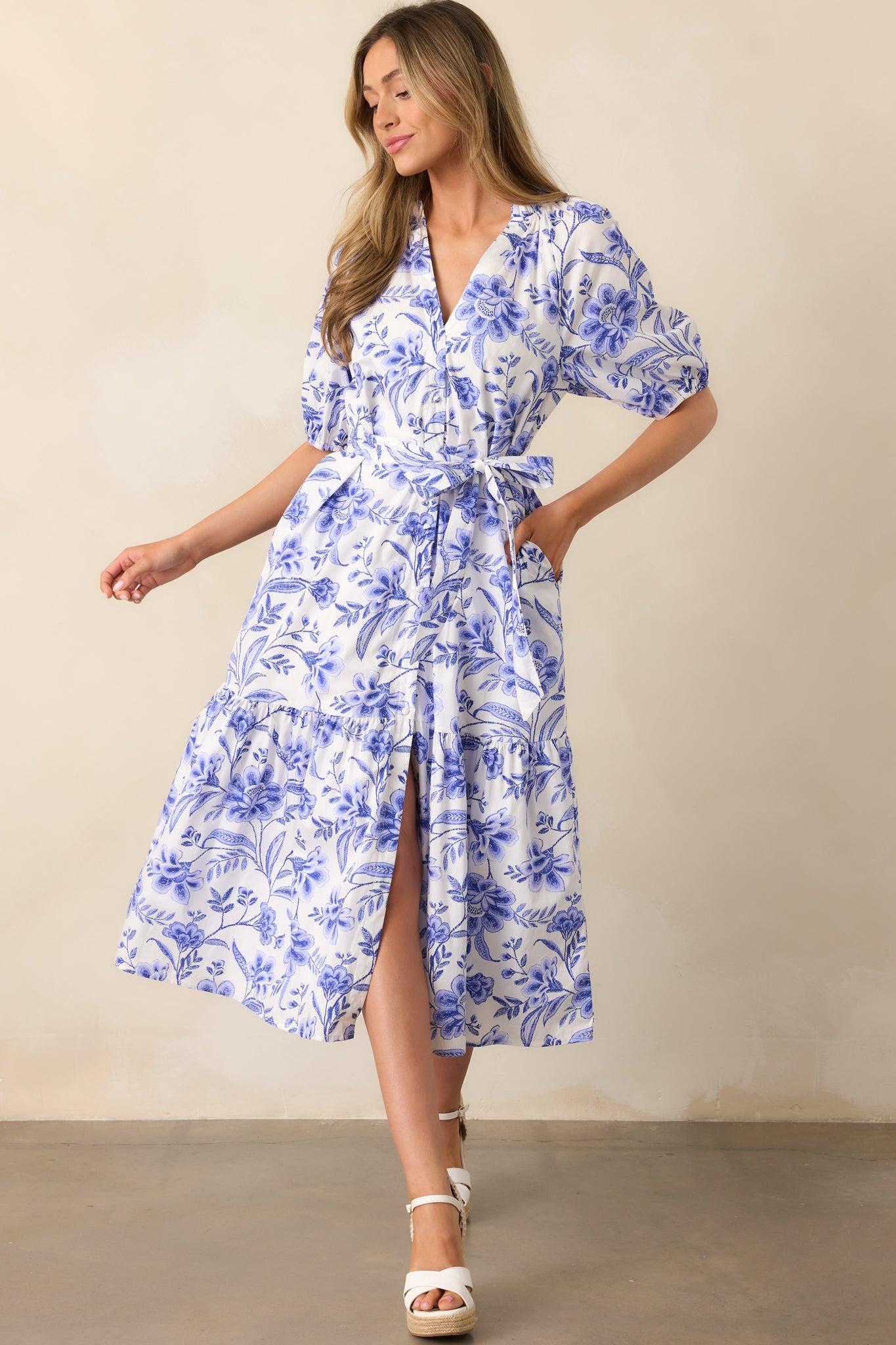 Bayside Breeze Cotton Blue Floral Maxi Dress Product Image