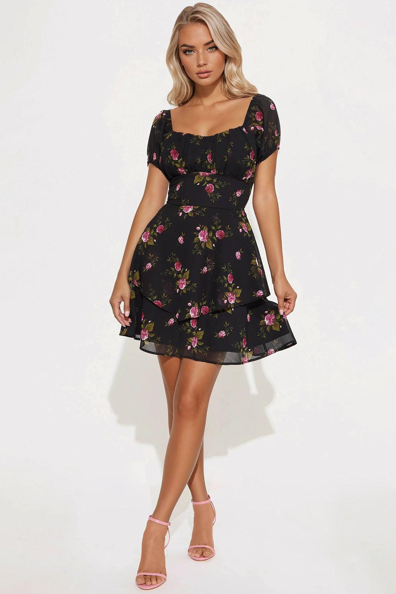 Lenora Floral Mini Dress - Black/combo Product Image
