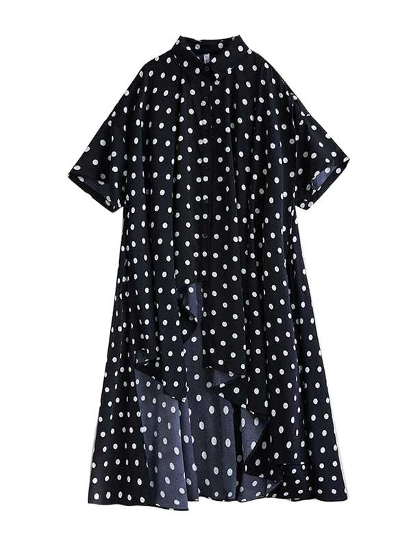 A-Line High-Low Asymmetric Buttoned Polka-Dot Lapel Midi Dresses Shirt Dress Product Image