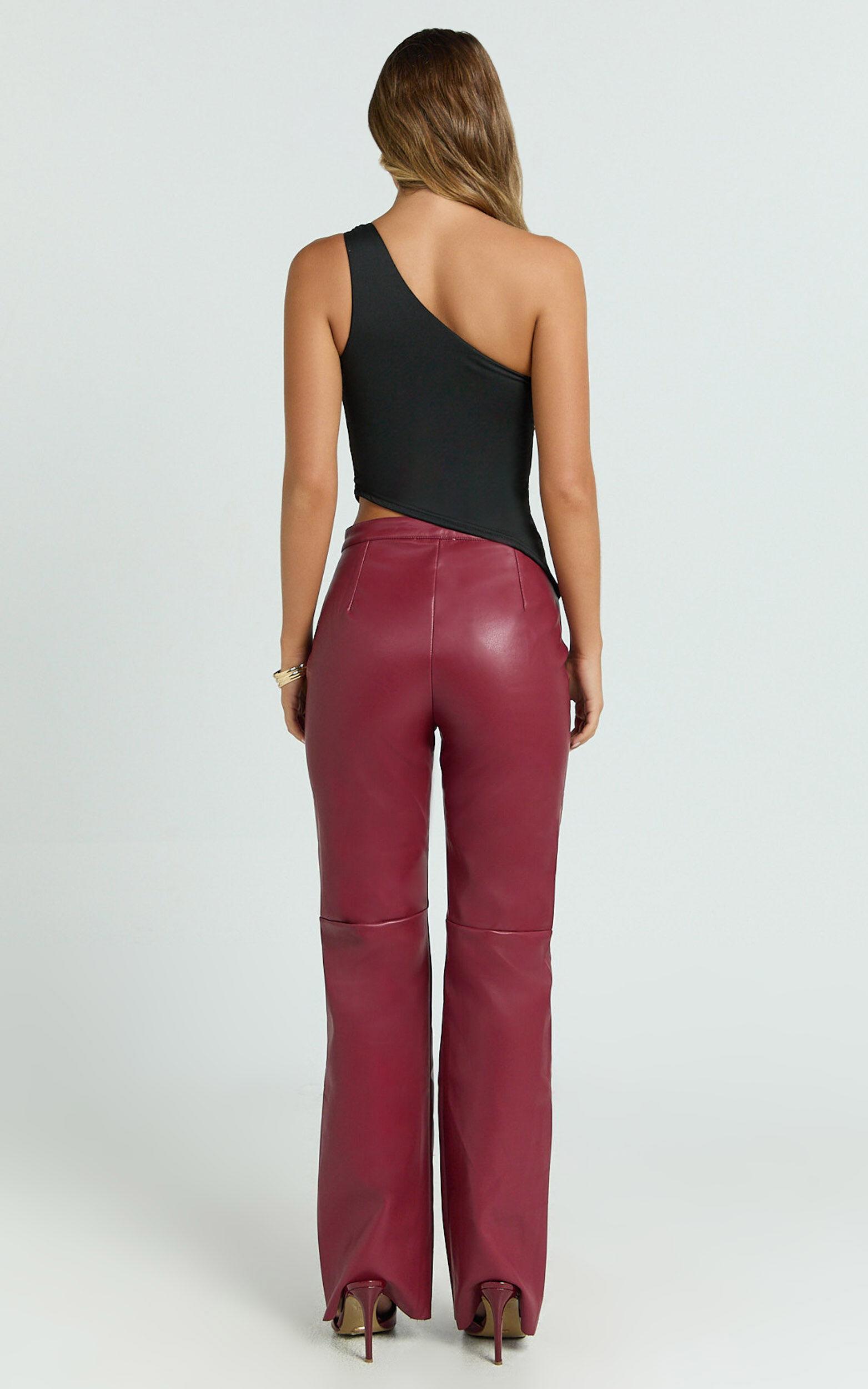 Marzia Pants - Faux Leather Mid Waisted Straight Leg Pants in Wine Product Image