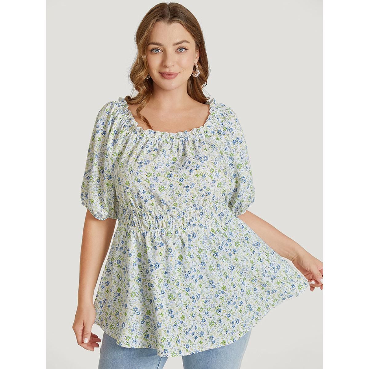 Plus Size Multicolor Ditsy Floral Puff Sleeve Frill Trim Elastic Waist Blouse Women Elegant Short sleeve Square Neck Dailywear Blouses BloomChic 22-24/3X Product Image