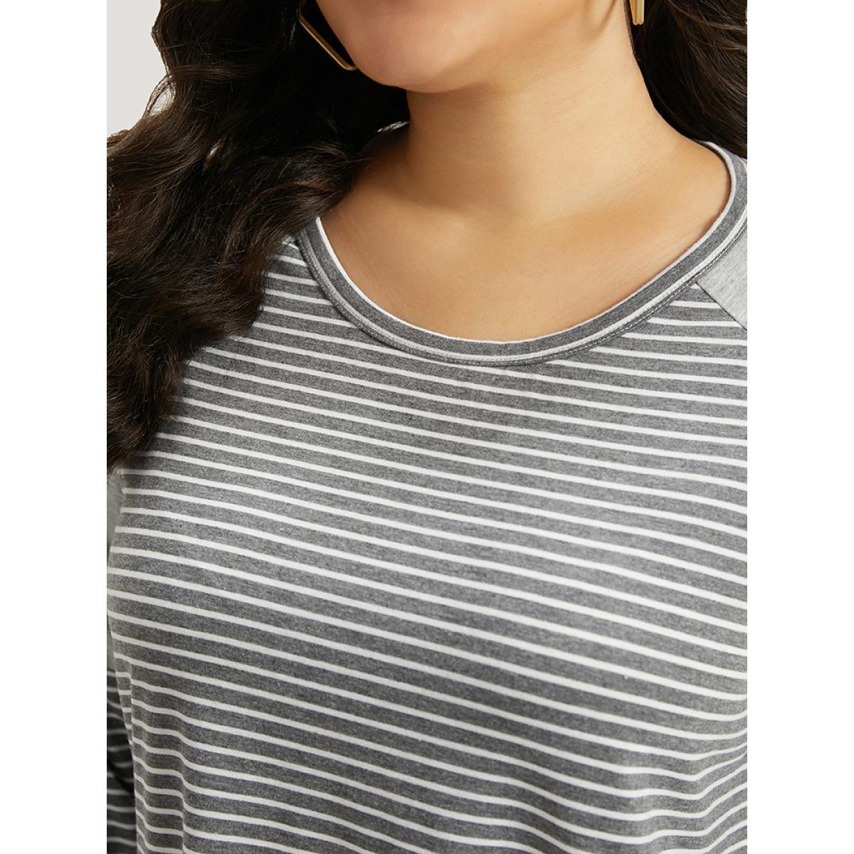 Plus Size Striped Patchwork Crew Neck Raglan Sleeve T-shirt Gray Women Casual Patchwork Striped Round Neck Dailywear T-shirts BloomChic 22-24/3X Product Image