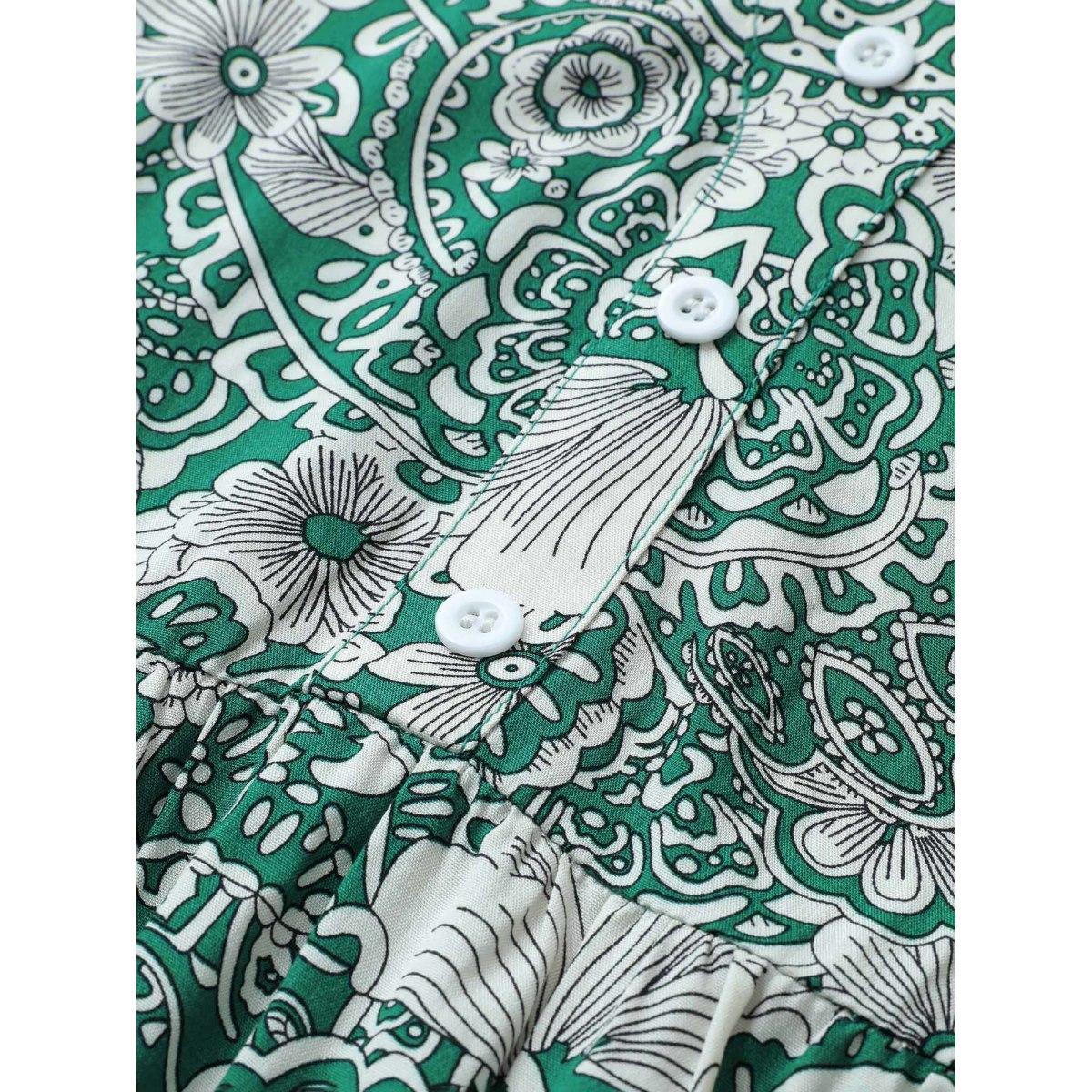 Plus Size Floral Shirred Button Detail Lantern Sleeve Dress Emerald Women Resort Non Notched collar Long Sleeve Curvy Midi Dress BloomChic 26/4X Product Image