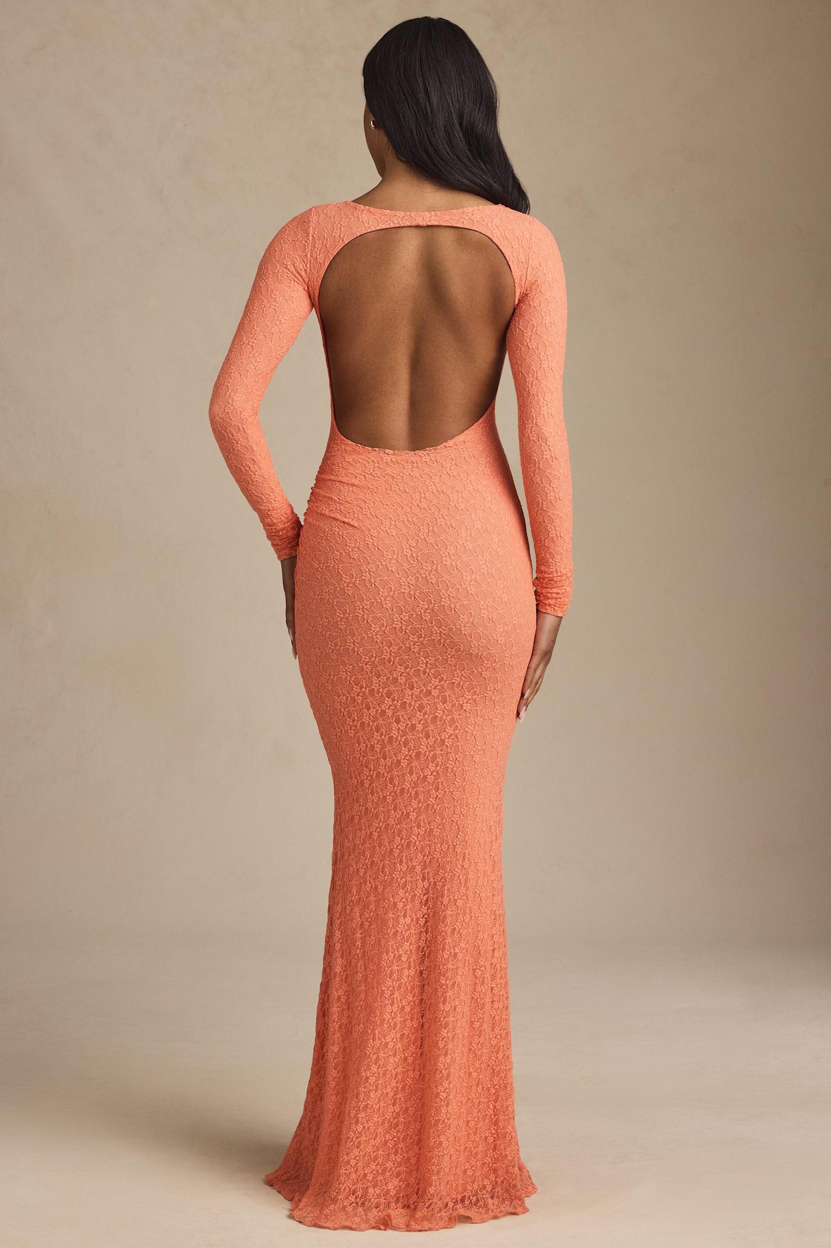 Ruched Backless Lace Maxi Dress in Peach Product Image