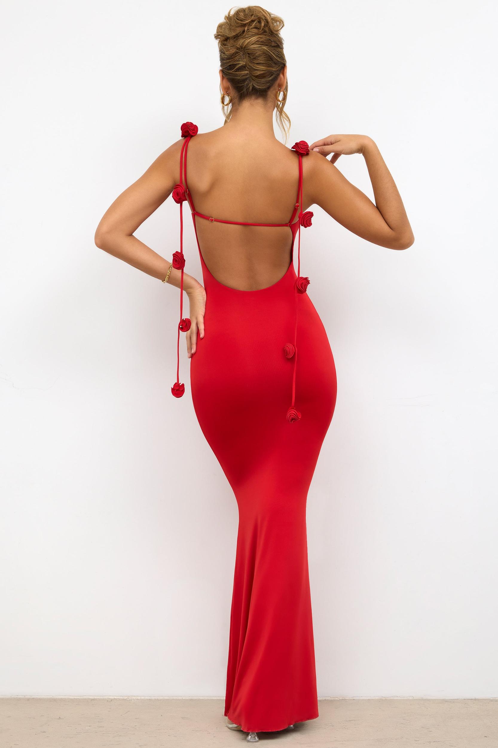 Slinky Jersey Rose Detail Evening Gown in Scarlet Red Product Image