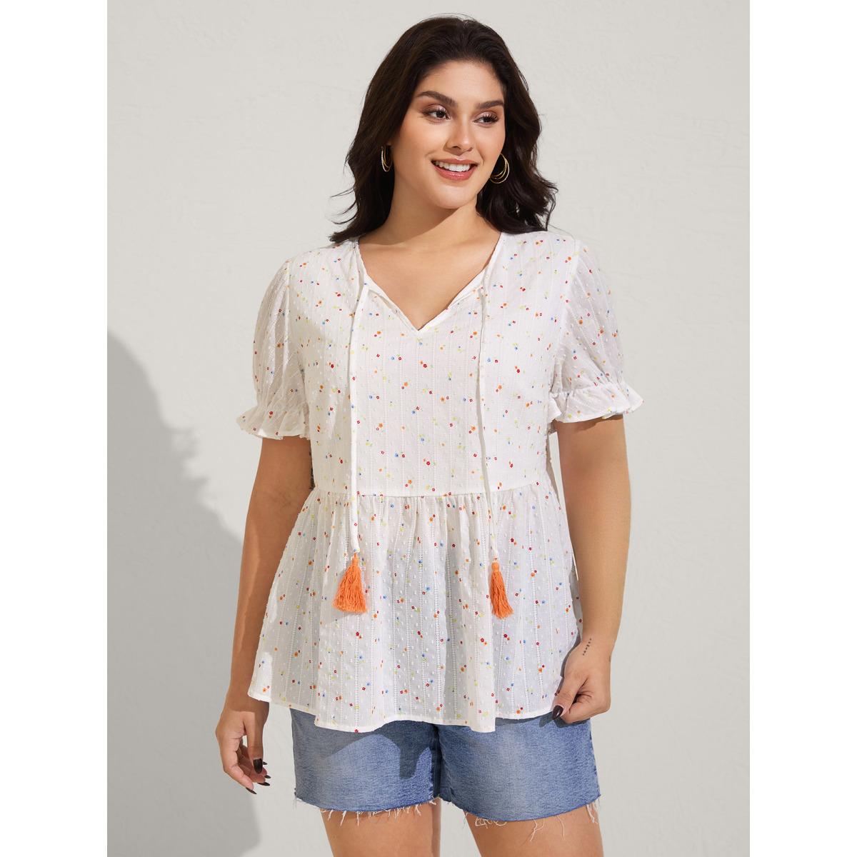 Plus Size Beige Cotton Colorful Embroidered Tassels Solid Blouse Women Short sleeve V-neck Vacation Blouses BloomChic 12/L Product Image