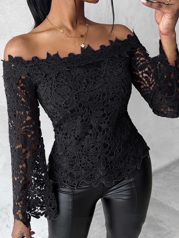 Flared Sleeves Long Sleeves Hollow Solid Color Off-The-Shoulder T-Shirts Tops Product Image