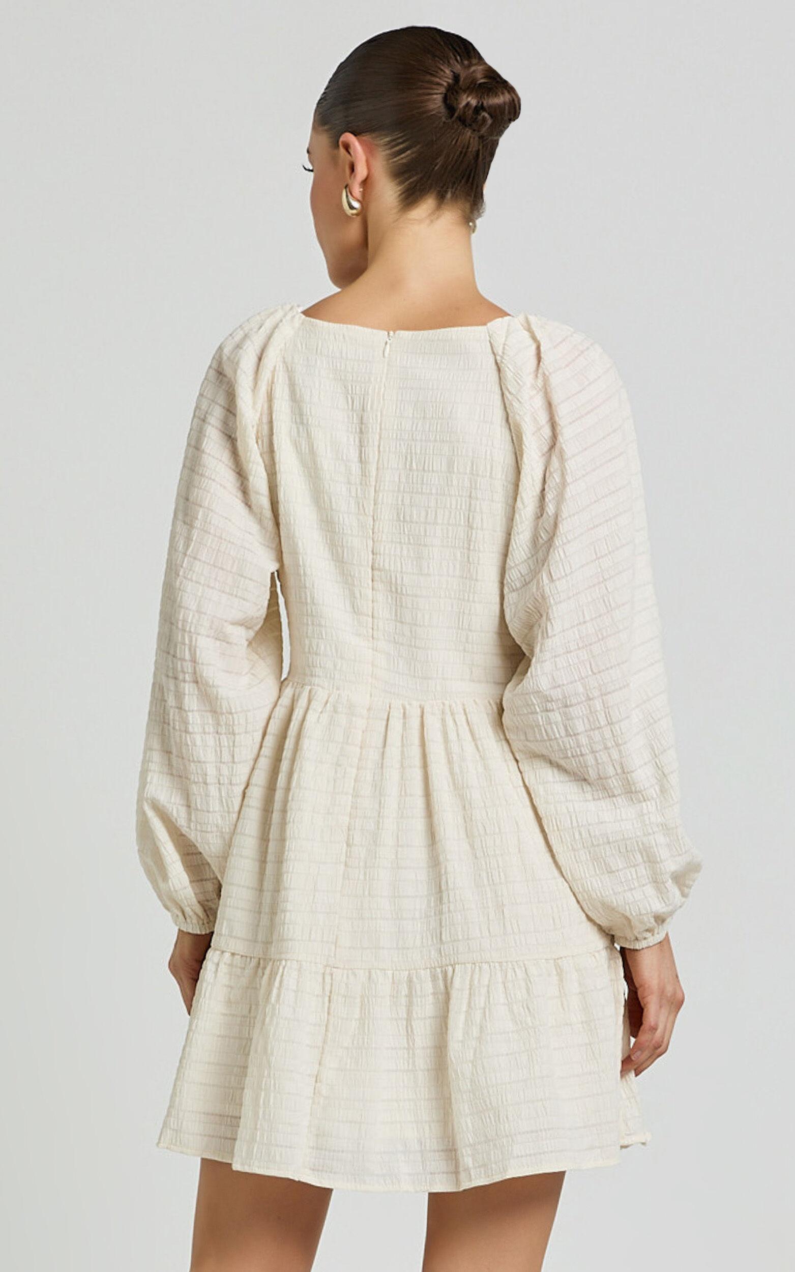 Chaney Mini Dress - Long Sleeve Tie Front Smock Dress in Ivory Product Image