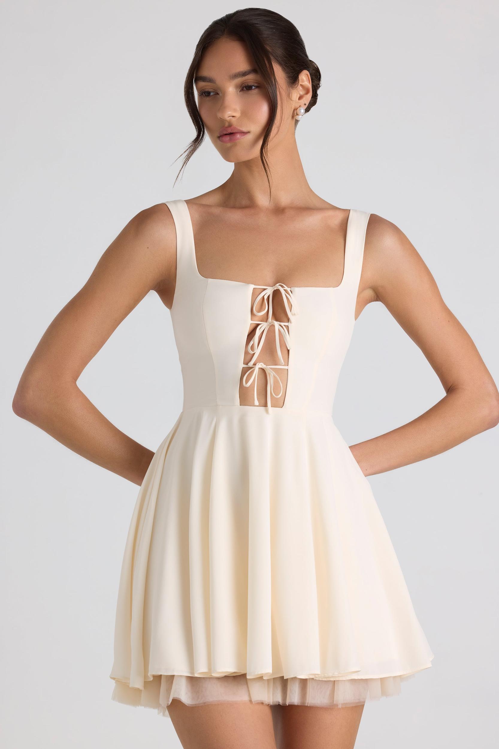 Tie-Detail A-Line Micro Mini Dress in Ivory Product Image
