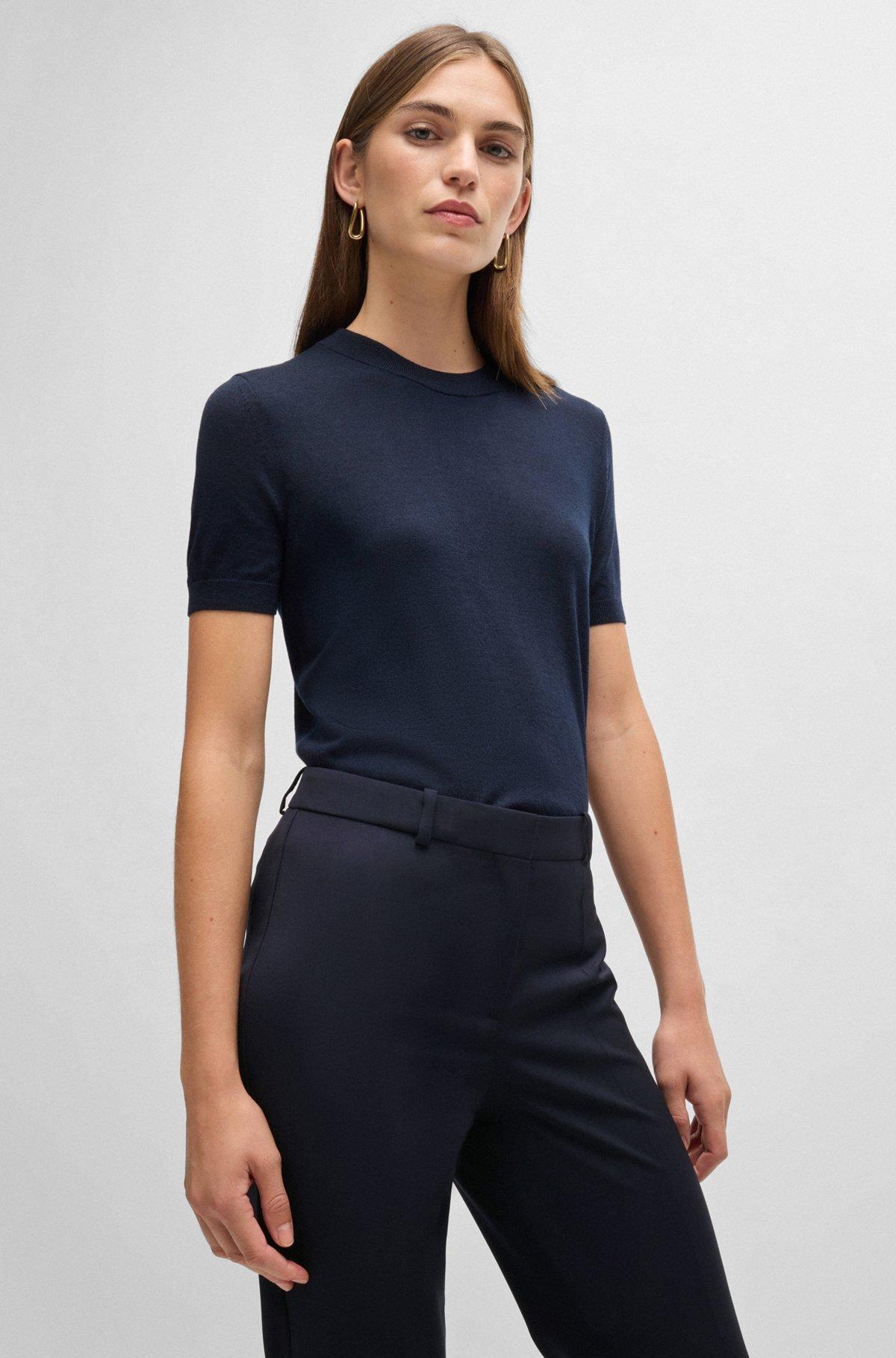 BOSS - Regular-fit tapered-leg pants in checkered virgin wool - Dark Blue Product Image